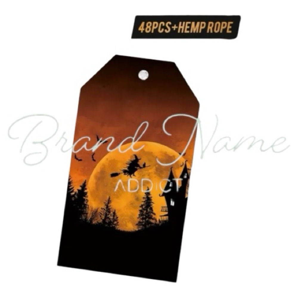 PRICE IS FIRM - Set of 48 Piece Goth Witch Halloween Moon Tags with Hemp Rope